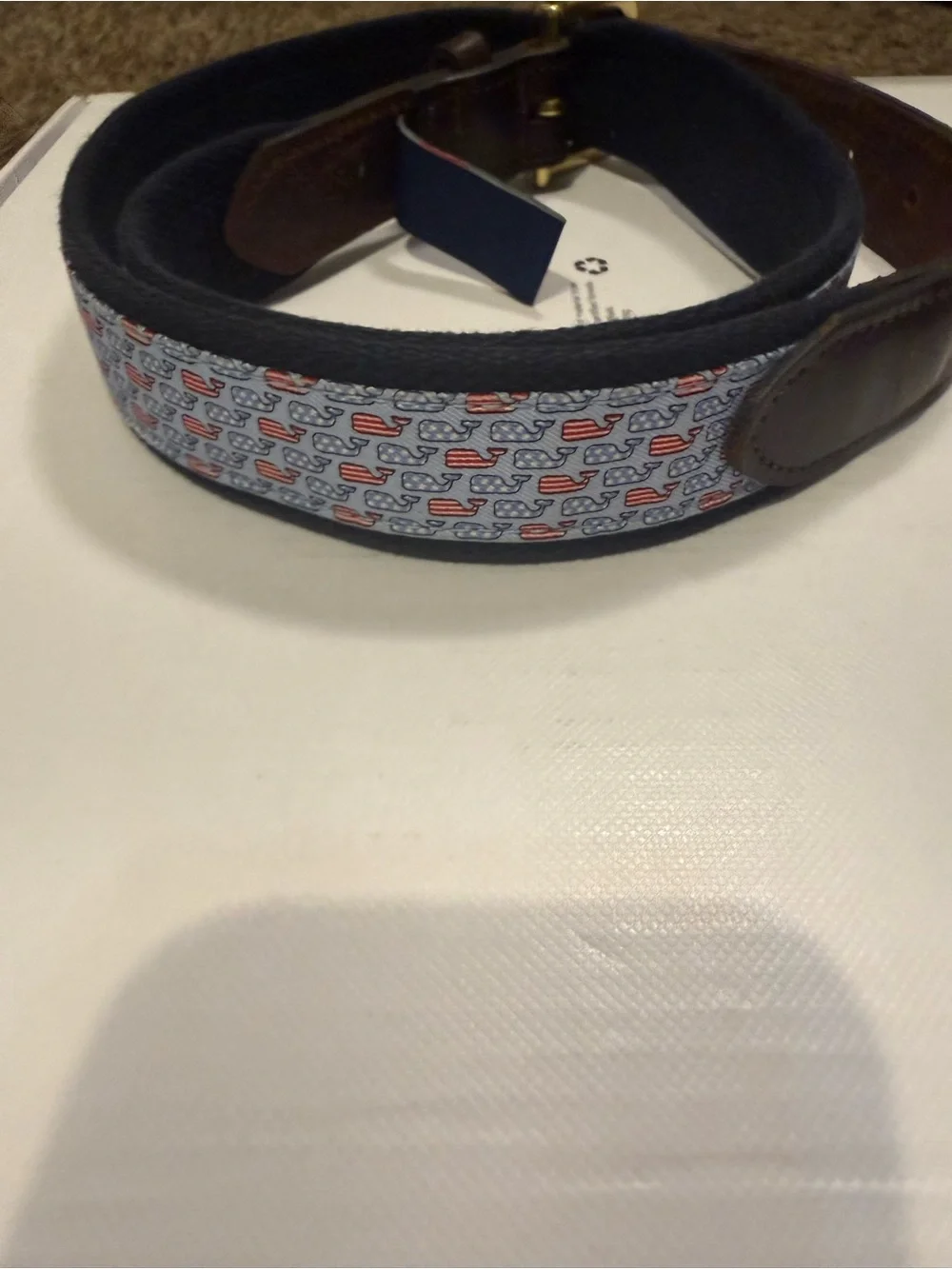 Vineyard Vines Navy Belt with Red & White Whale Pattern